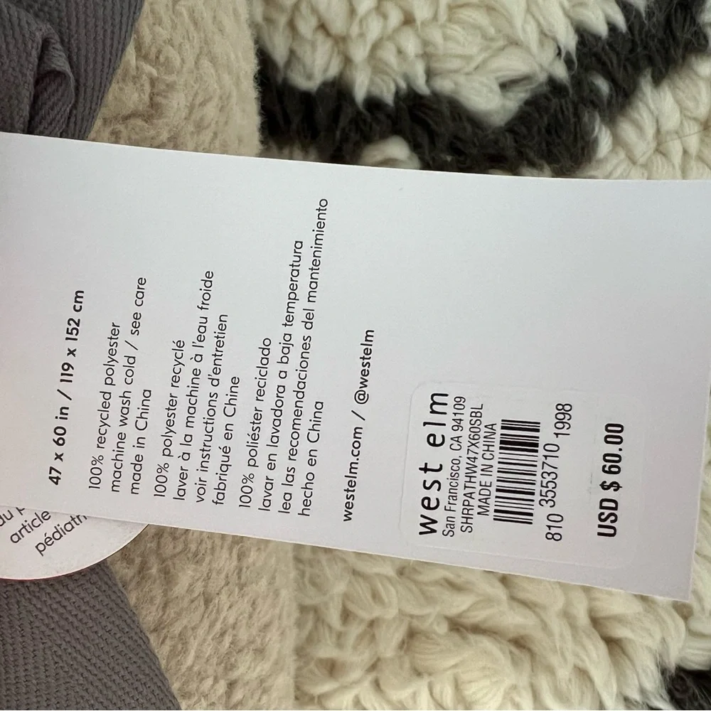 WEST ELM Cozy Sherpa Pom Pom Throw Blanket SABLE 47x60 NWT
